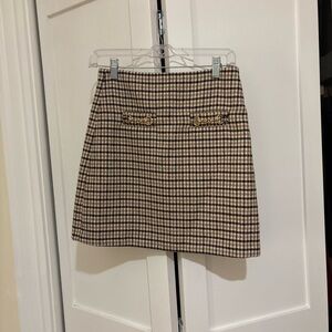 LOFT Beige and Black Houndstooth Mini Skirt with Chain Detail